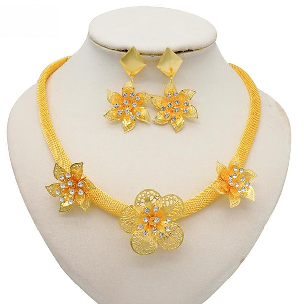 Exquisite Dubai African Jewelry Set Indian Bridal Flower Necklace Drop Earrings