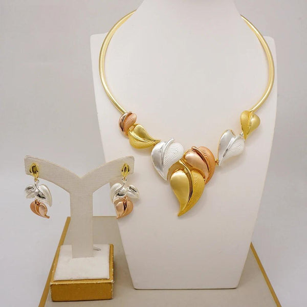 Fashion Dubai Gold Color Ladies Multicolour Leaf Necklace Earrings Sets