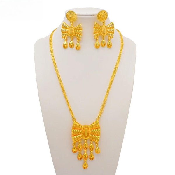 Luxury Dubai Gold Color Indian Bowknot Shape Necklace & Earrings Jewelry Sets