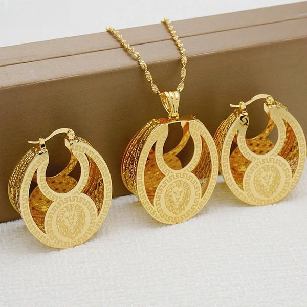 Fashion Dubai Gold Color Jewelry Sets for Women Big Round Pendant Bridal Ornament Gift