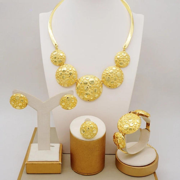 Dubai Gold Color Big Round Pendant Necklace Bracelet Ring Earrings Sets