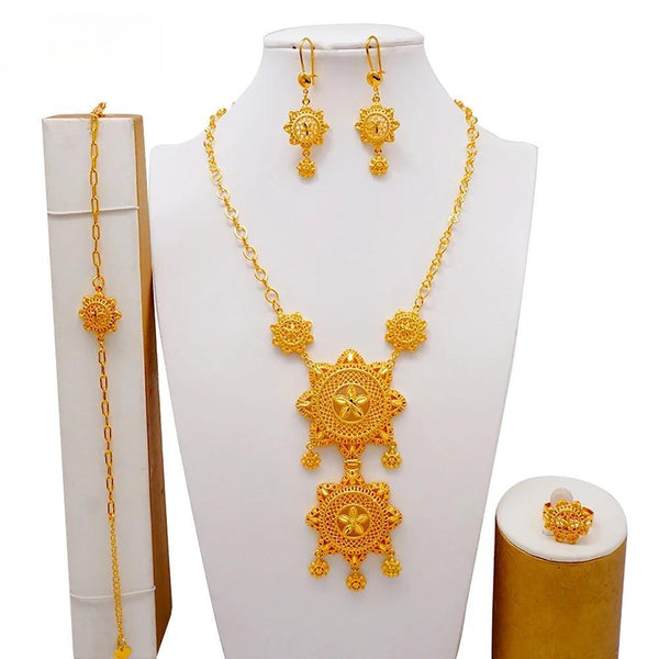 New Indian Gold Color Unique Necklace Bracelet Earrings Ring Sets