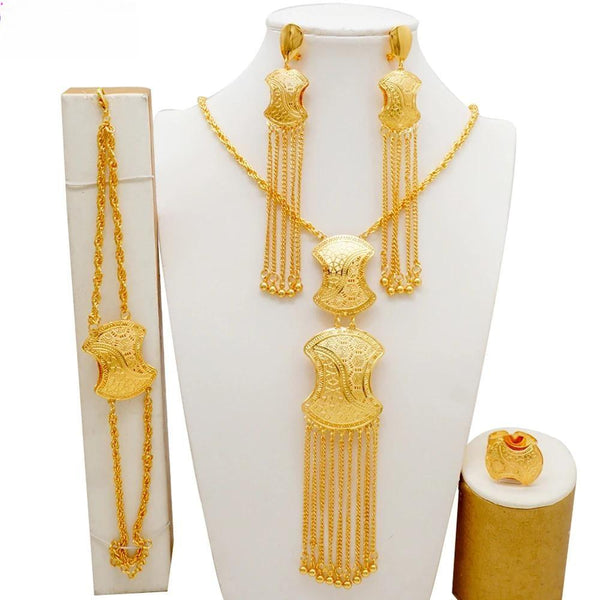 Ethiopia Jewelry Sets Dubai Bride Long Tassel Necklace Earrings Ring Bracelet Sets