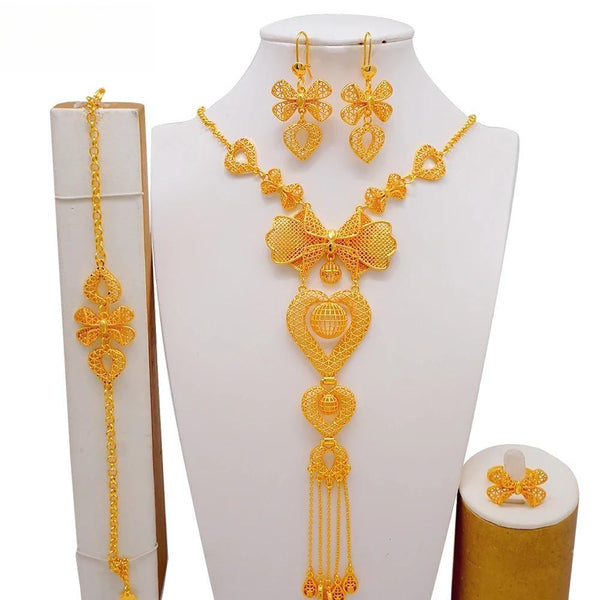 Trend Indian Dubai Heart Shape Tassel Long Necklace Earrings Sets