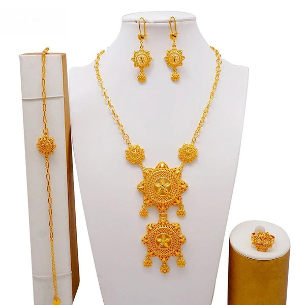 New Dubai Gold Color Copper Jewellery Long Necklace Pendant Earrings Jewelry Set