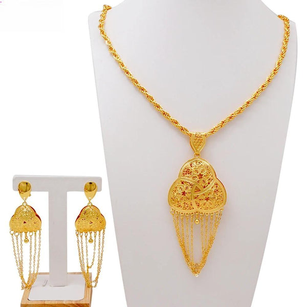 Luxury Indian Dubai Gold Color Plated Tassel Big Necklace Earrings Jewellery Sets