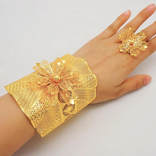 Dubai Open Cuff Bangle&Ring For Women Moroccan Big Gold Color Bracelet