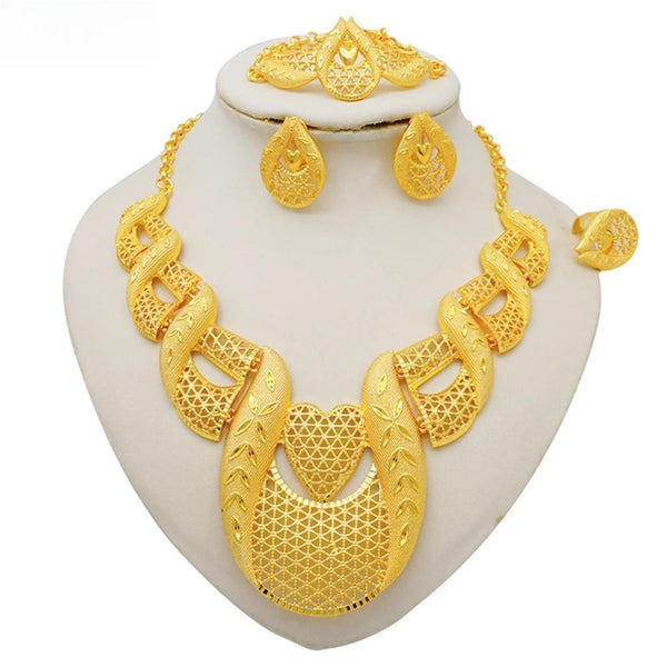 Fashion Indian Dubai Gold Color Jewelry Sets Big Necklace Earring Ring Bracelet Sets