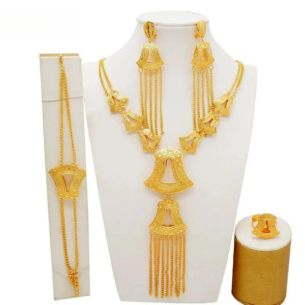 Luxury Gold Color Dubai Bridal Long Necklace Earrings Romantic Sets