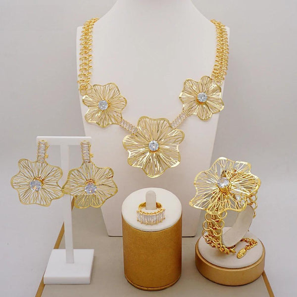 Dubai Gold Color Jewelry Set Flower Pendant Necklace Bracelet Earrings Ring Sets