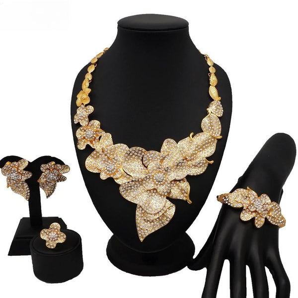 Fashion Necklace Gold Color Bracelet African Women Nigerian Crystal Jewelry Sets