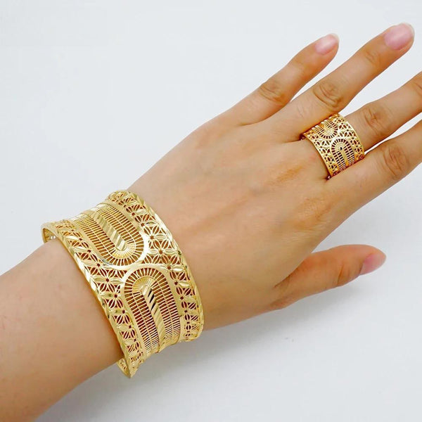 Ethiopian Dubai Gold Color Copper Cuff Bangles & Ring For Moroccan Bracelet