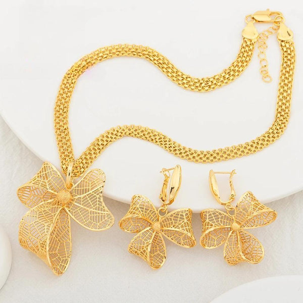 Dubai Gold Color Jewelry Sets for Women Copper Necklace Earrings Bowknot Pendant