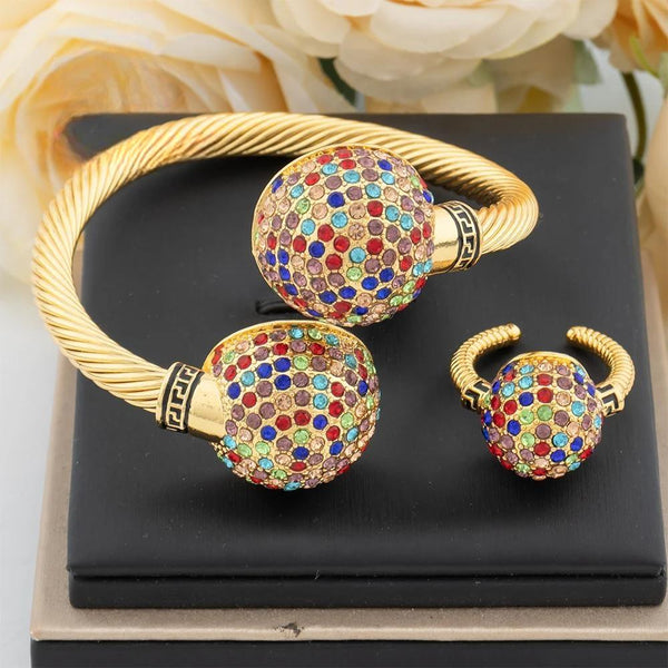 Gold Plated Cuff Bangles with Ring For Women Charm Bracelet Colored Zircon Jewelry Set