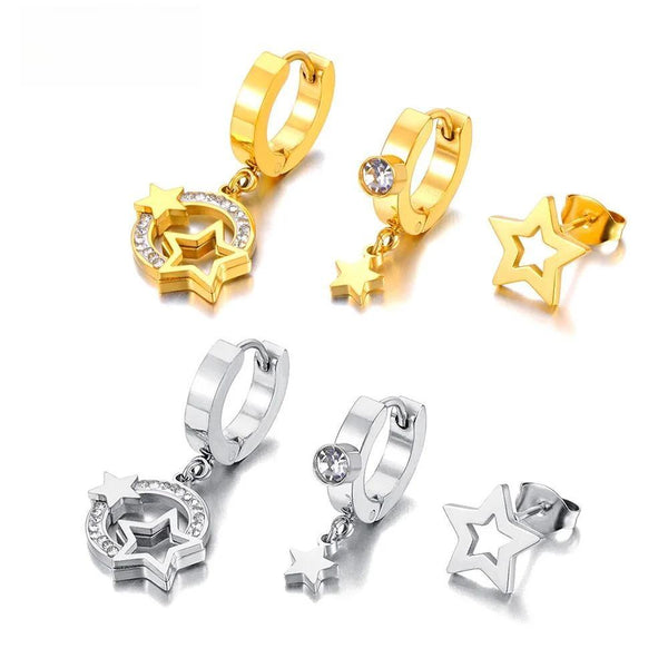 3 PCS Fashion Rhinestone Star Stainless Steel Small Hoop Earrings