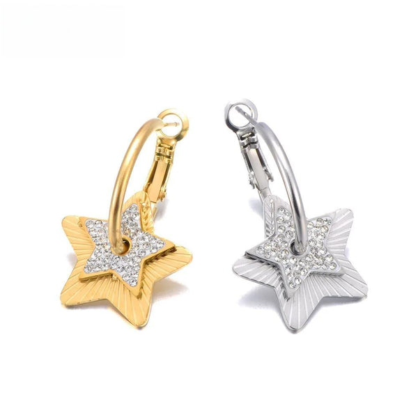 Stainless Steel Rhinestone Star Hoop Earrings For Women