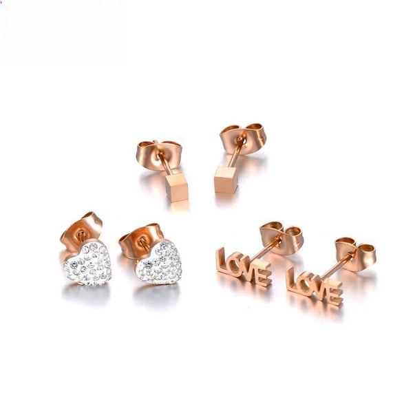 3Pair/Set Stainless Steel Crystal Heart & LOVE & Square Earrings For Women