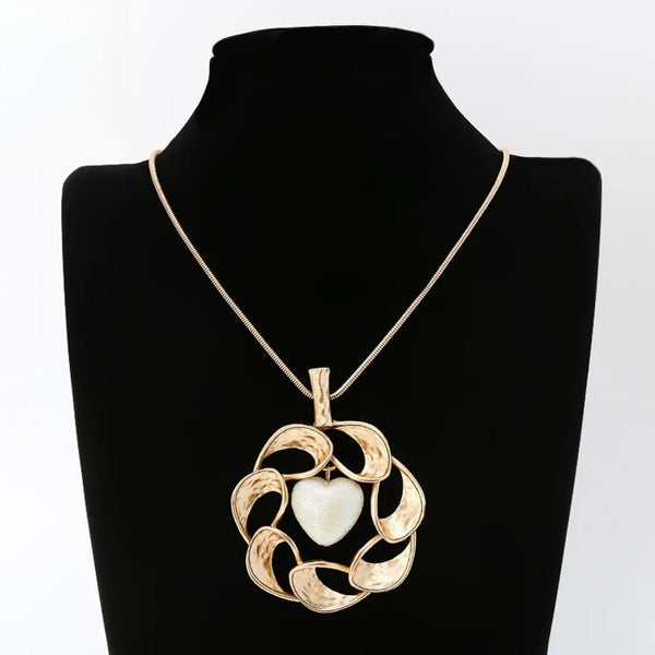 Gold Color Geometric Vingtage with Heart Suspension Pendant for Women Long Chains