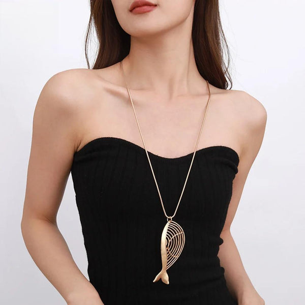 Vintage Hollow Out Fish Shape Long Collares Chains Necklace for Women