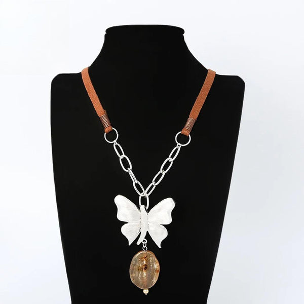 Vintage Silver Color Butterfly with Suspension New in Stone Bead Pendant Goth Jewelry for Women