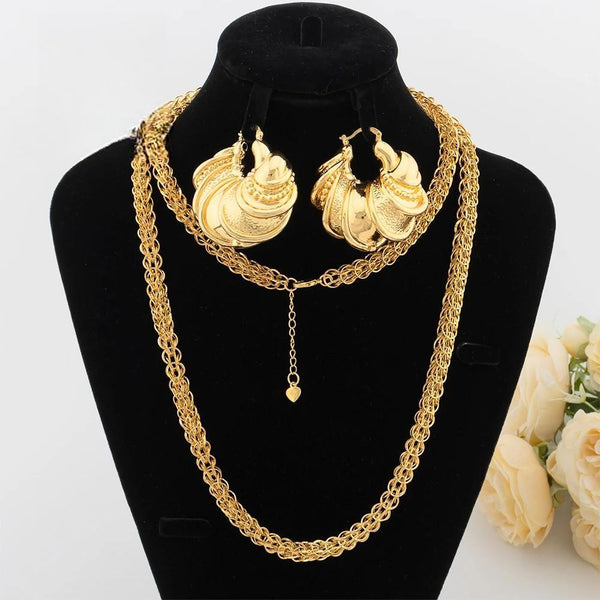 Gold Color African Party Fashion Dubai Long Necklace Bold Earrings For Women