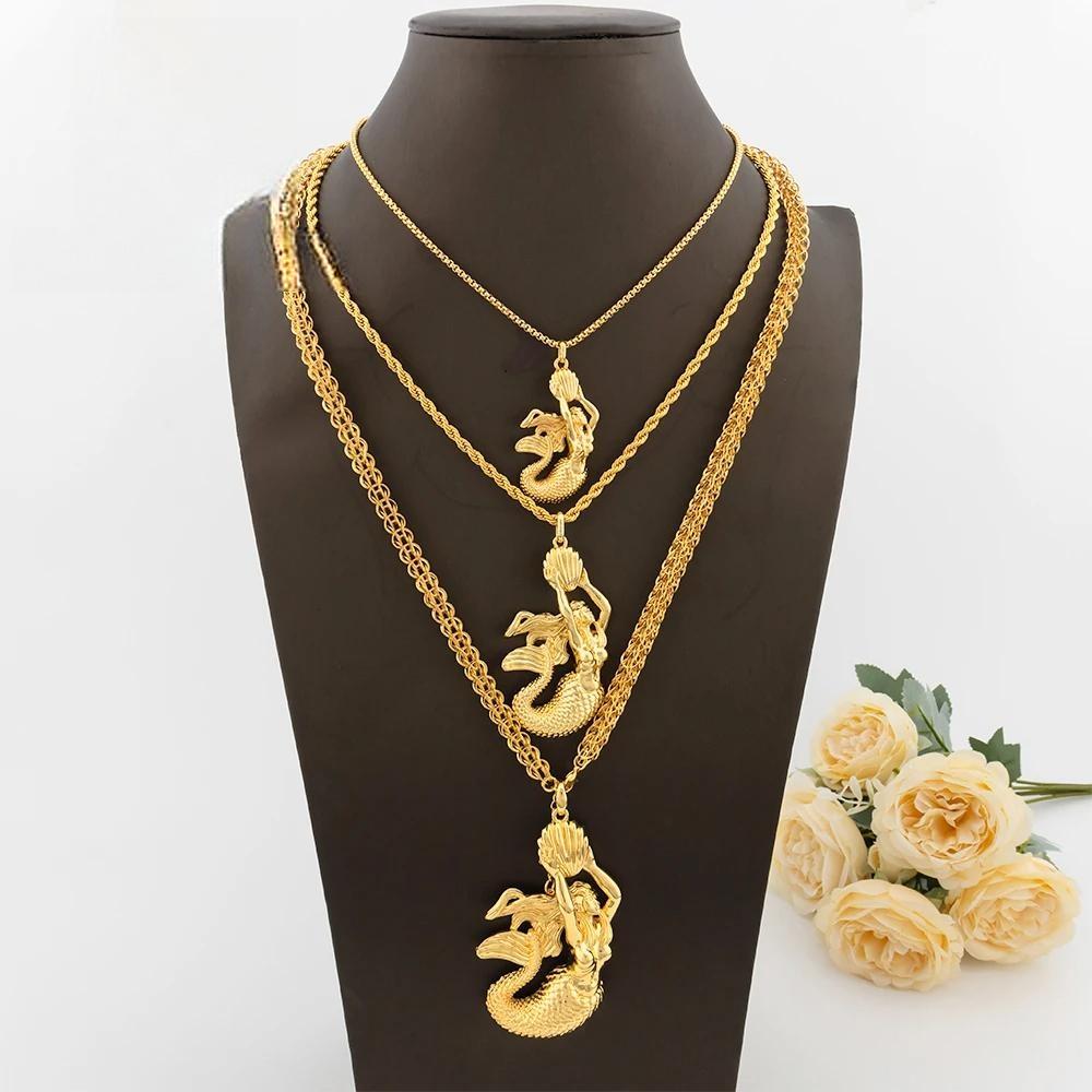 Gold Plated Copper Mermaid Pendant with Chain 80/60/40CM Jewelry Accessories