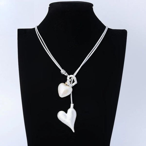 New in Vintage Double Heart Long Chains Necklace Silver Color Suspension Pendants