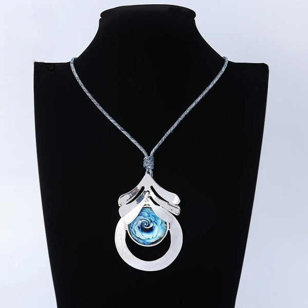 Fashion Geometric Necklace with Blue Resin Flower Collares Suspension Pendants