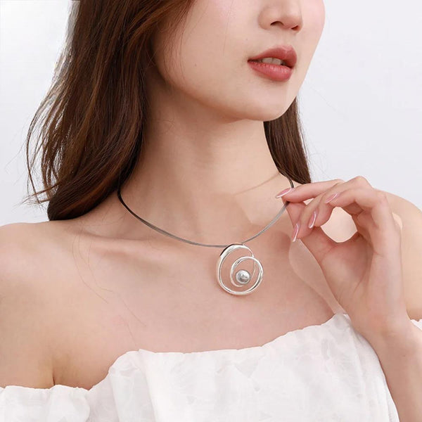 Geometric Silver Color Spiral Circels Chokers with Bead Pendants for Women