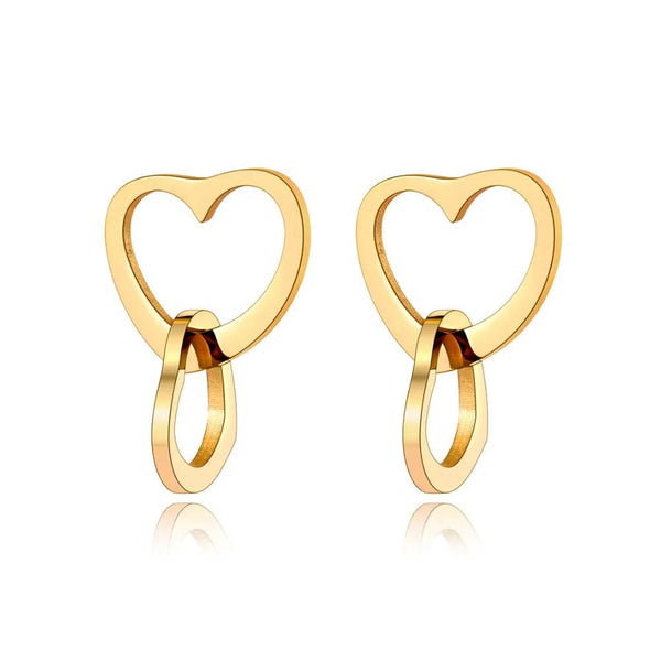 Romantic Titanium Stainless Steel Office Style Double Heart Earrings For Women