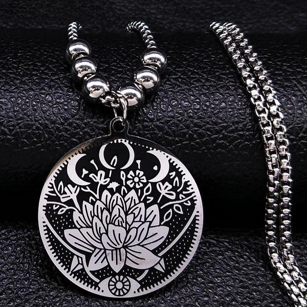 Wicca Lotus Stainless Steel Necklaces Pendants for Men Black Silver Color Moon Eye Long Chain