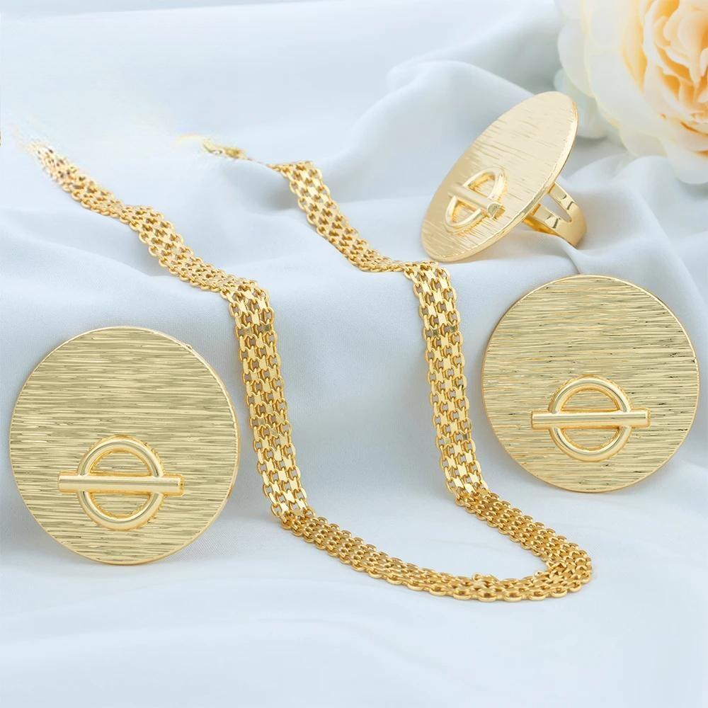 Gold Plated Luxury Jewelry Dubai Gold Color Necklace Round Earring Ring