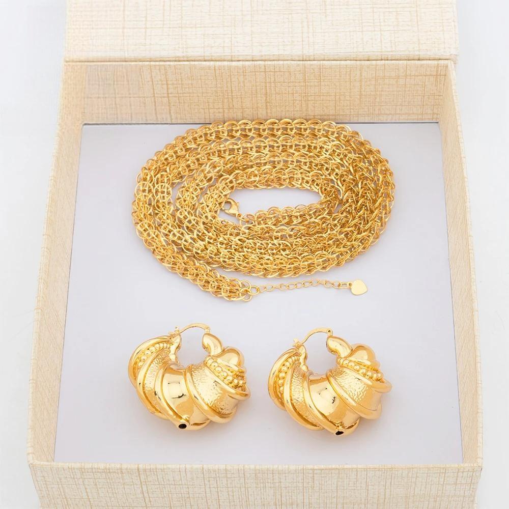 Gold Color African Party Fashion Dubai Long Necklace Bold Earrings For Women