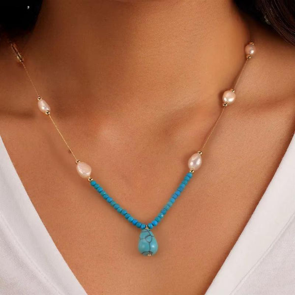 925 Sterling Silver Turquoise Necklace with Natural Pearls Choker Neck Chain for Women