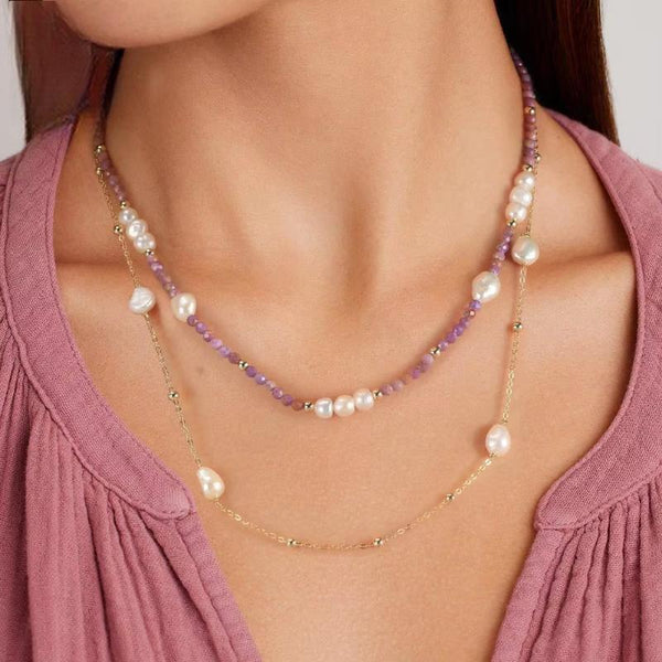 Unique 925 Sterling Silver Purple Mica Necklace with Natural Pearls