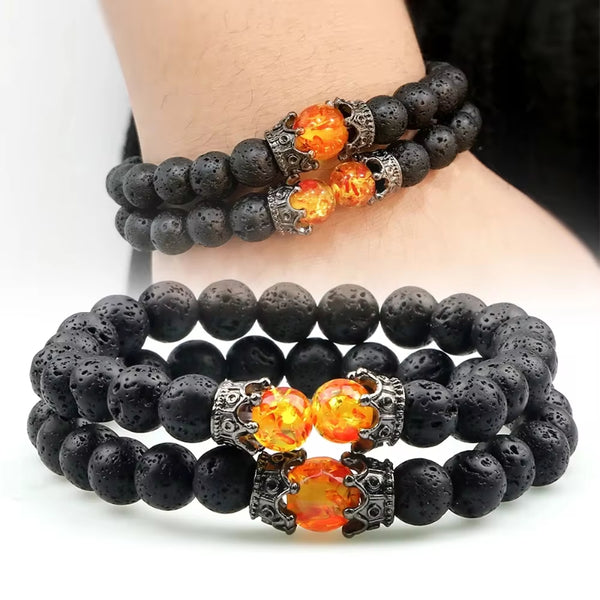 2pcs Natural Tiger Eye Stone Crown Black Lava Beaded Bracelets