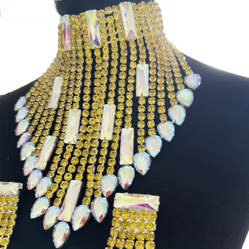 SS28 Rhinestone Bright Yellow Long Tassel Earring Necklace Set