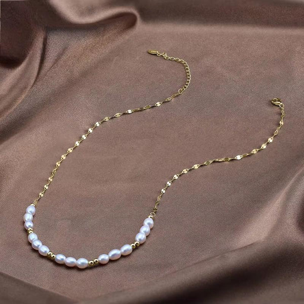 Gold Beads Neck Chain Genuine 925 Sterling Silver Natural Pearls for Women