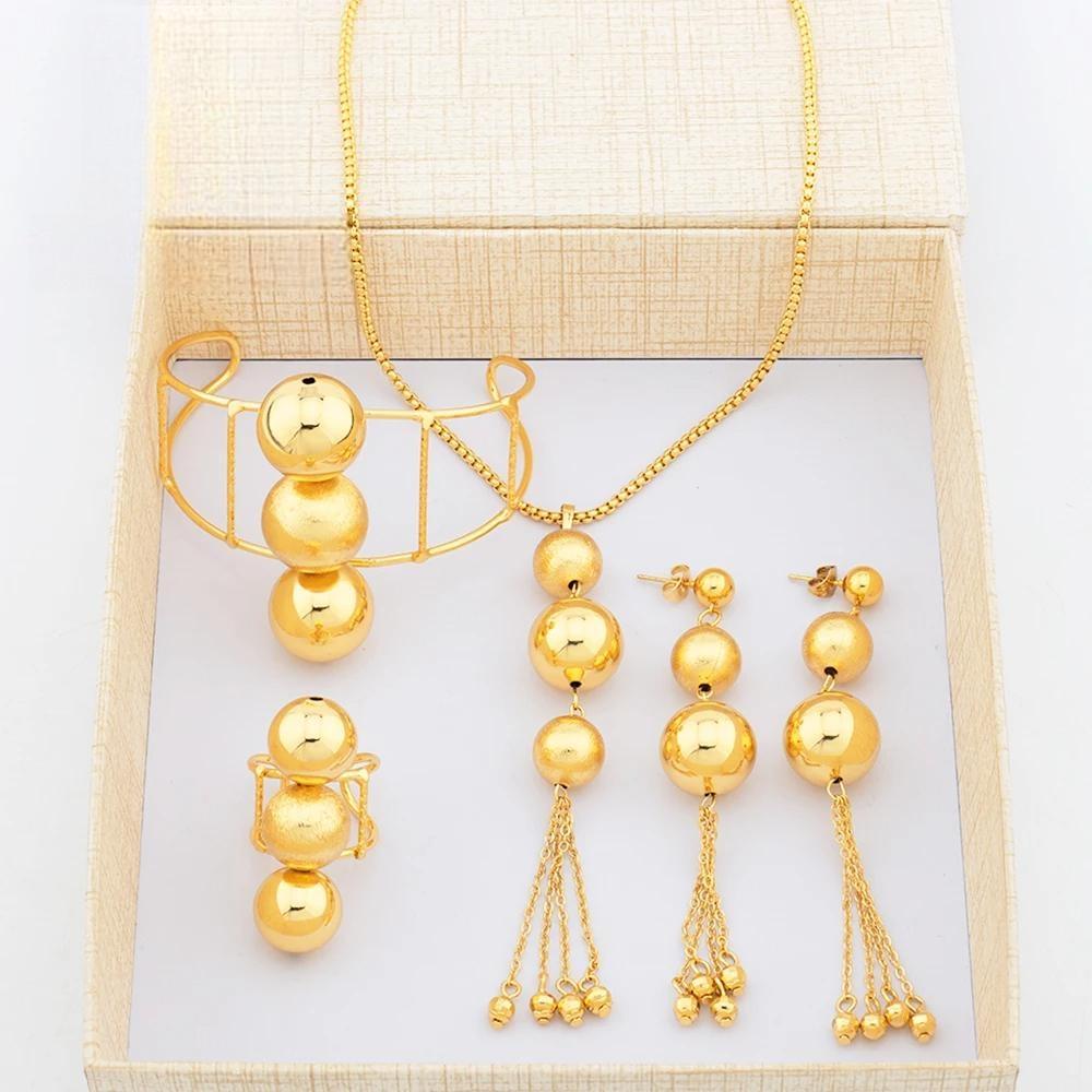 Gold Plated Necklace Tassel Earrings Cuff bangles Adjustable Rings Jewelry Set