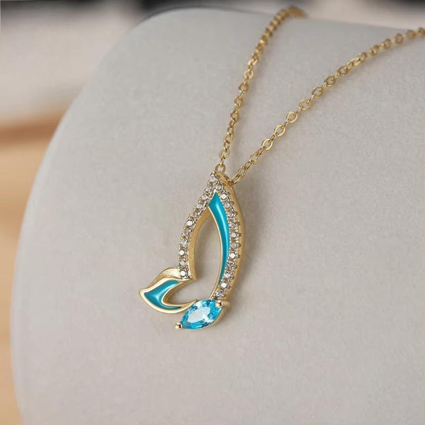 Blue Zircon Butterfly Pendants Necklace for Women 925 Sterling Silver Pendant