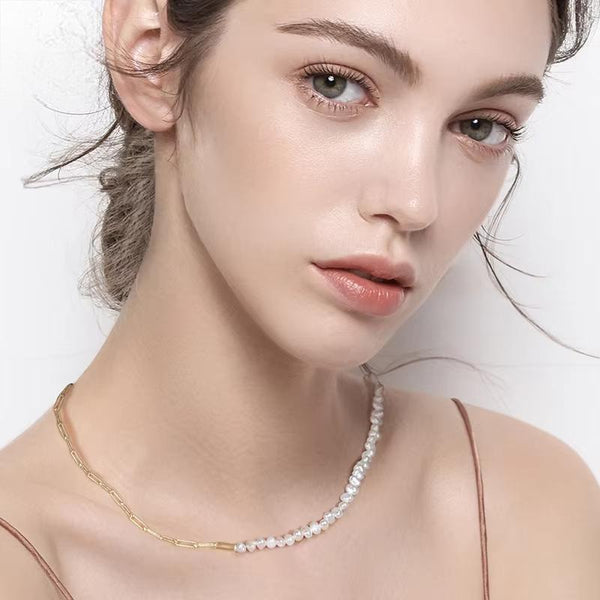 925 Silver Paper Clip Chain Pearl Choker Necklace