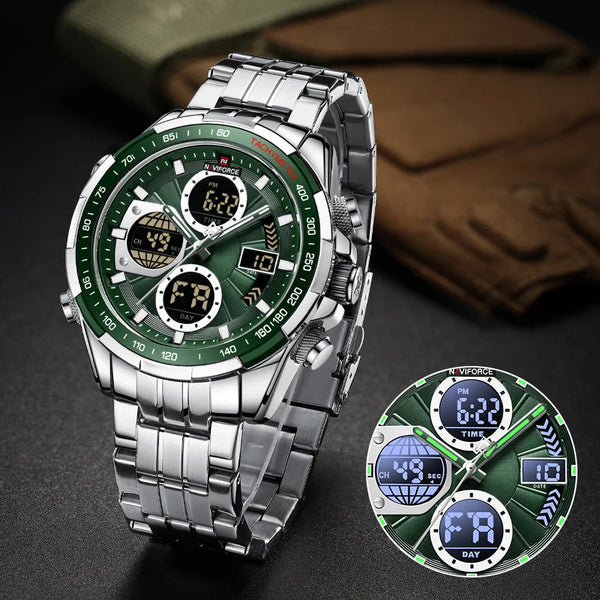 New Mens Fashion Business Wristwatch Stainless Steel Waterproof Male Watch Quartz Dual Display Clock