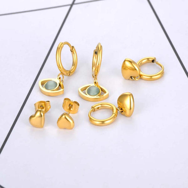 Trendy 18K Gold Plated Stainless Steel Opals Eyes Earrings Jewelry 3Pair/Set