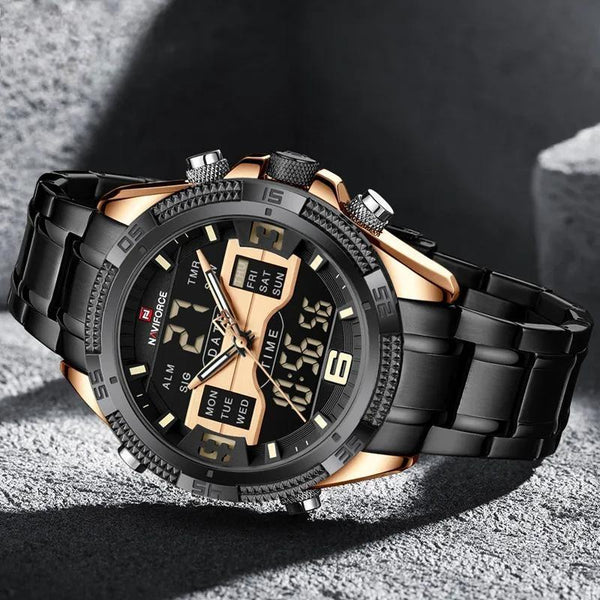 Men's Watch Alloy Dial Analog LCD Digital Display Sport Waterproof Quartz Wristwatch