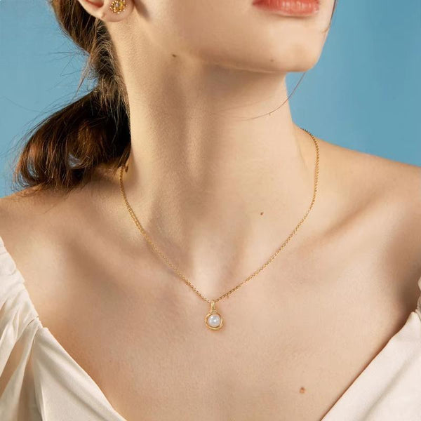 14K Gold 925 Sterling Silver Pearl Necklace with 6mm Handpicked Natural Pearl Vintage Pendant