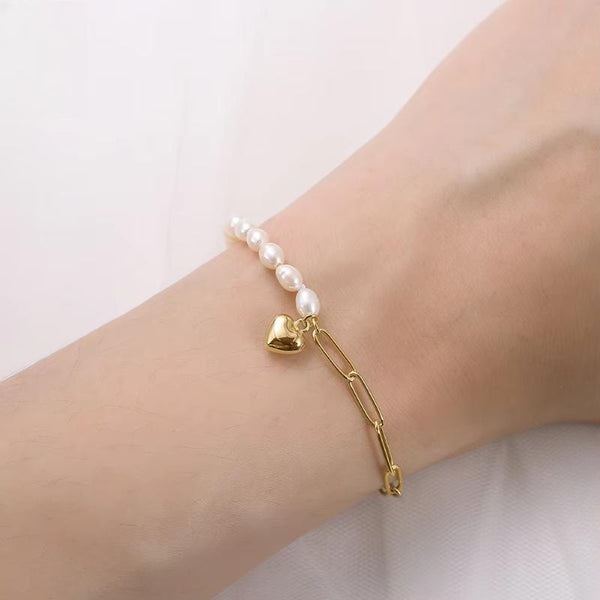 925 Sterling Silver Vintage Chunky Paperclip Link Pearl Chain Bracelet with Heart Women's