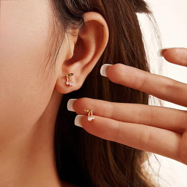 Fashion Cherry Shape CZ Stud Earrings with 925 Sterling Silver Lovely Ear Stud for Women's