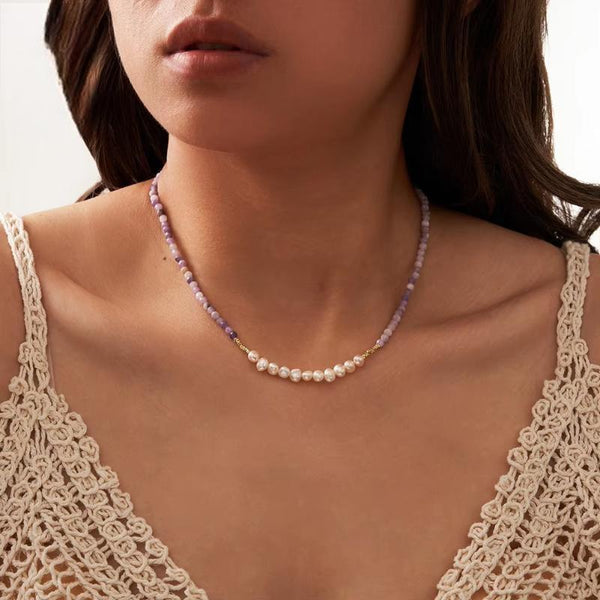 Natural Stone Beaded Purple Mica&Freshwater Pearls Round Shape Necklace 925 Silver for Women