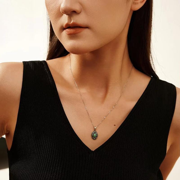 Turquoise Pendant Necklace with Zirconia 925 Silver Charm Neck Chain Oxide Silver Women