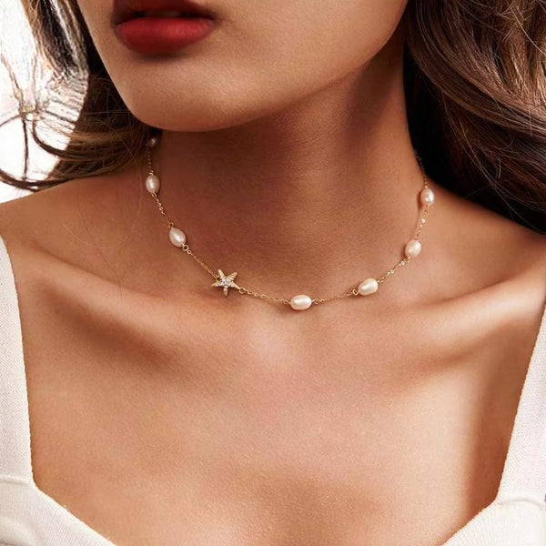 Star Cut Choker Chain with Real 925 Silver Cultured Freashwater Pearls Necklace for Women's